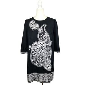 Tibi black white paisley print shift style 3/4 sleeve mini dress women's size 10